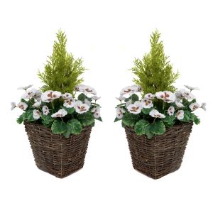 2 x Artificial Rattan Patio Planters with White Pansies & Cedar Conifer