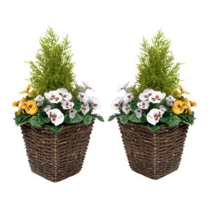2 x Artificial Rattan Patio Planters with Yellow & White Pansies Cedar Conifer