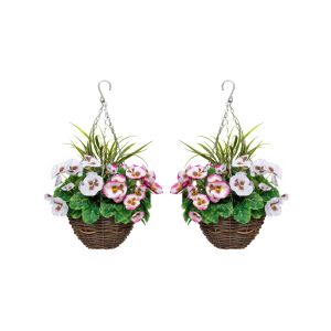 2 X Artificial Hanging Baskets with Soft Pink & White Pansies Decorative Grasses