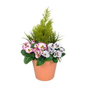 Terracotta Artificial Plastic Patio Planter with Pink & White Pansies & Cedar Topiary