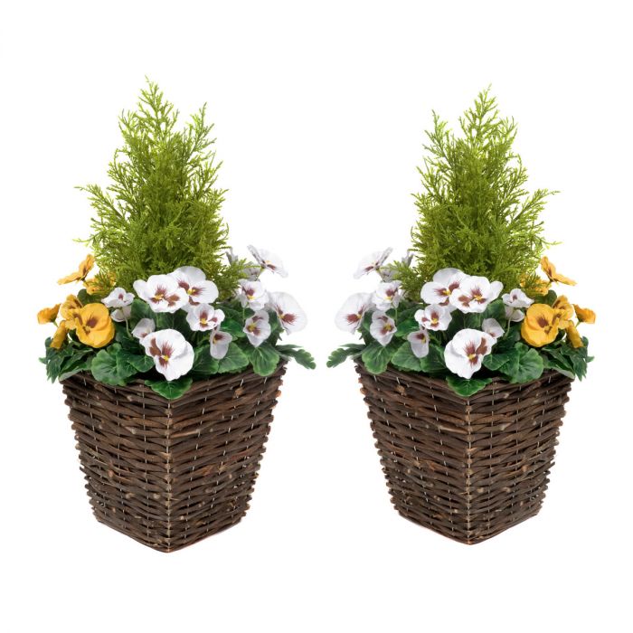 2 x Artificial Patio Planter with Purple & Yellow  Pansies & Conifer/Cedar Topiary Set of 2